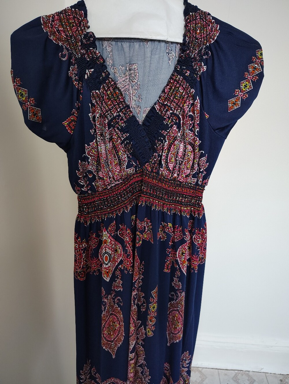 Navy Boho Maxi Dress with Pink Paisley Print